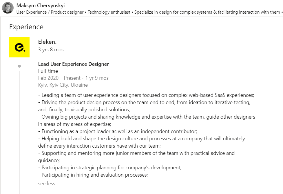 design lead responsibilities example