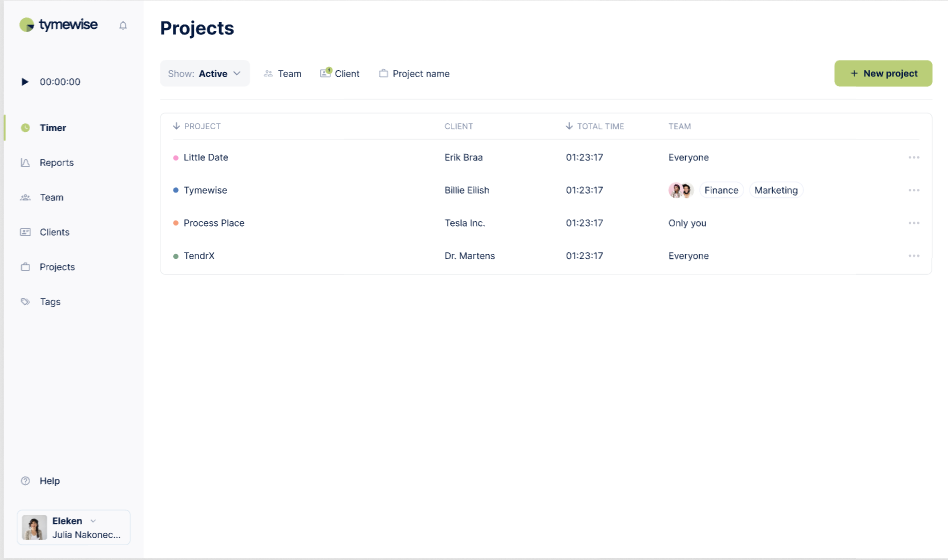project management features design for a time tracking software