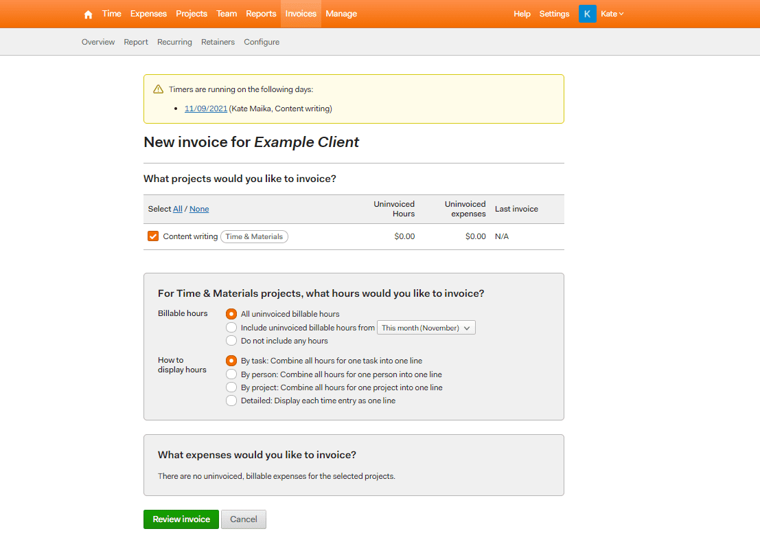 invoice generation feature in Harvest