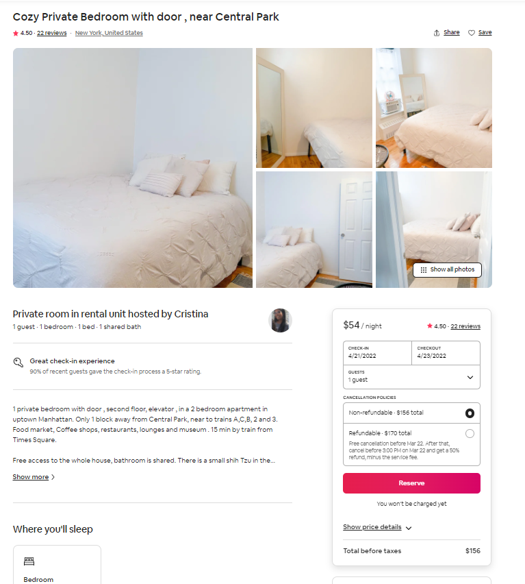 full apartment profile at Airbnb