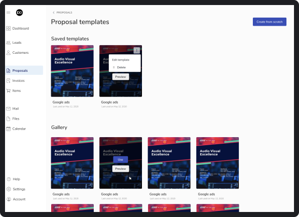 design example of a template gallery for CRM platform