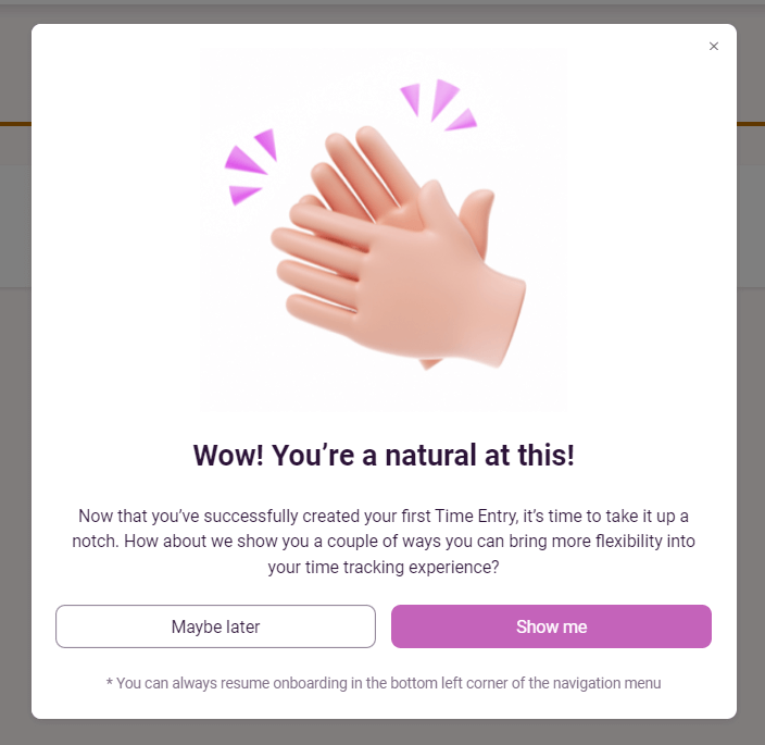 Toggl congratulation modal window on comleating the onboarding