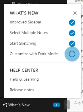 What's new pop-up at Evernote