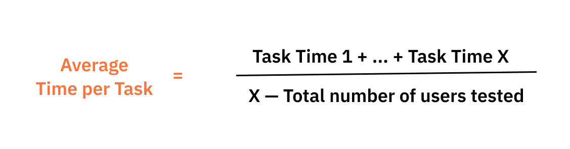 product managements kpis. Average Time per Task = (Task time 1 + ... + Task Time X) / (X - Total No of users tested)