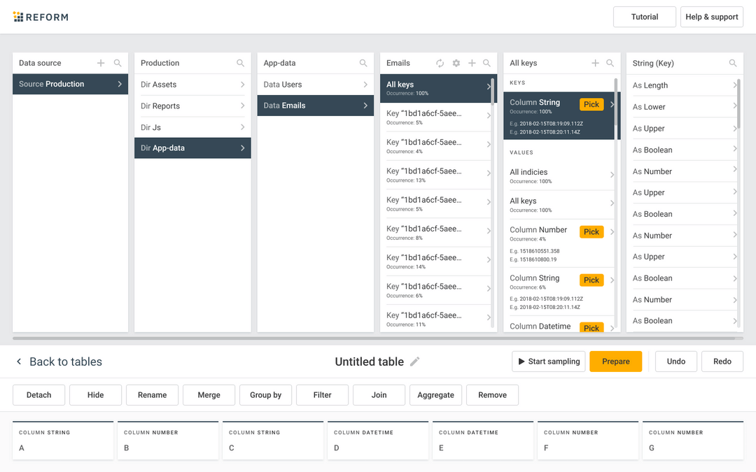 tables design and card user interface example for no-code a data preparation platform