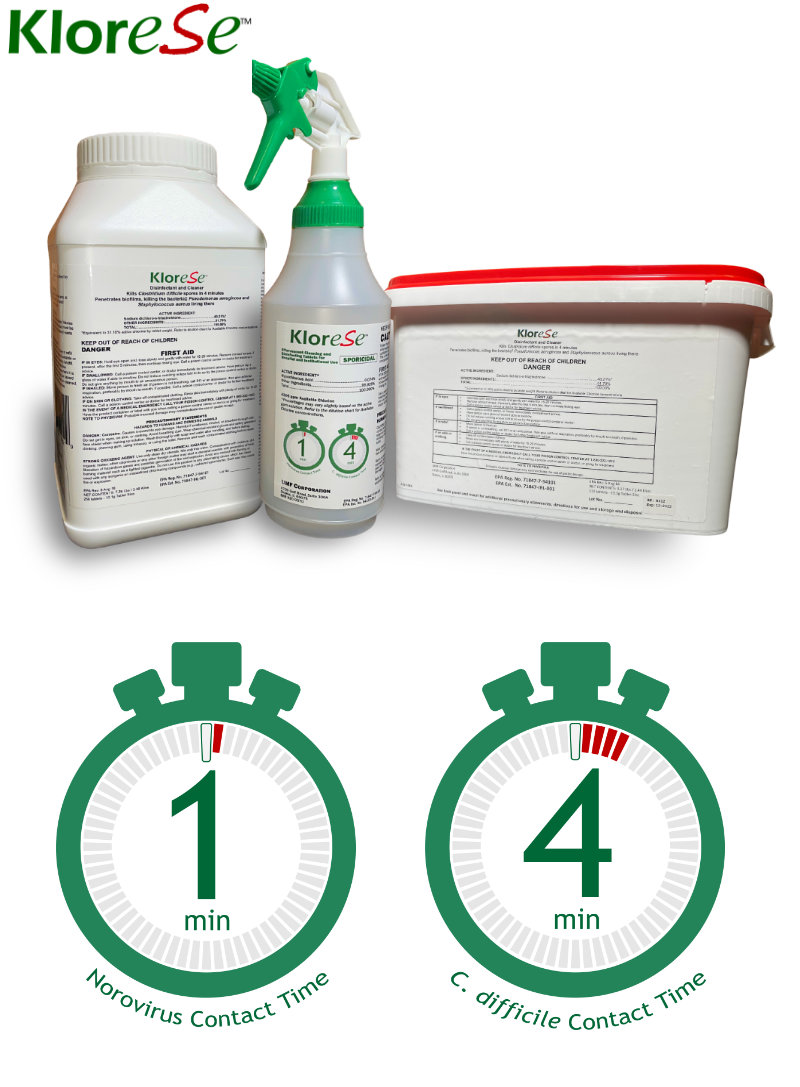 Klorese™ kills Norovirus and C. difficile quickly.