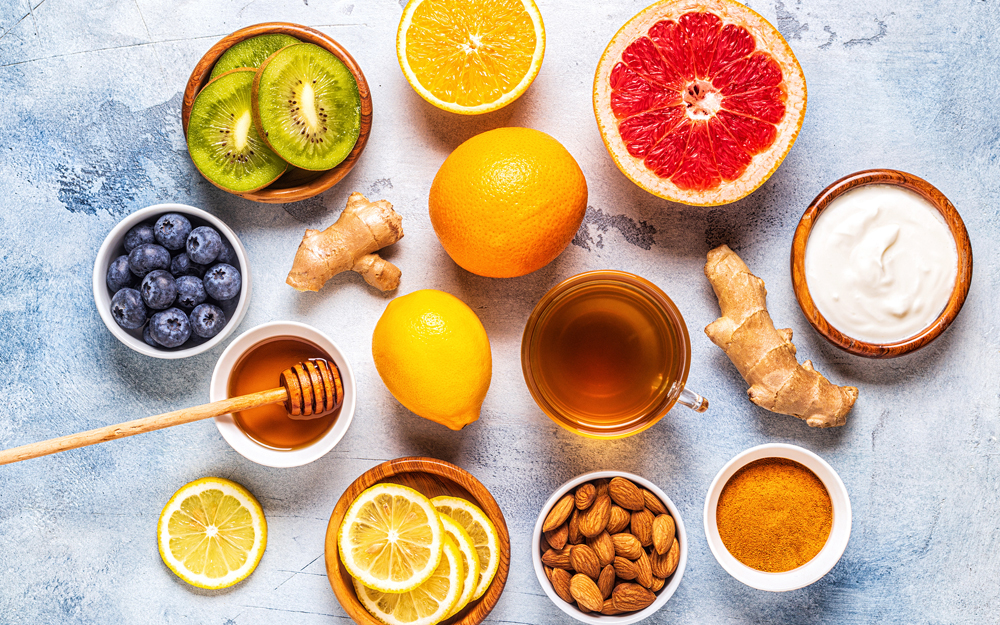 healthy foods on a table.