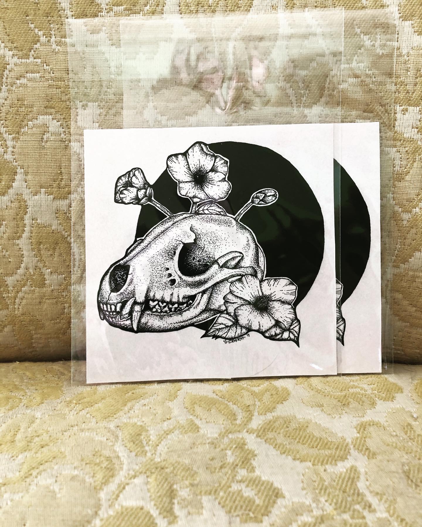 Raccoon skull with camellia flowers print