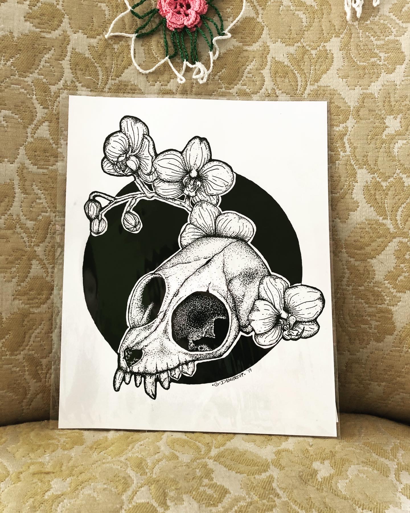 Slow Loris skull with orchid flowers print