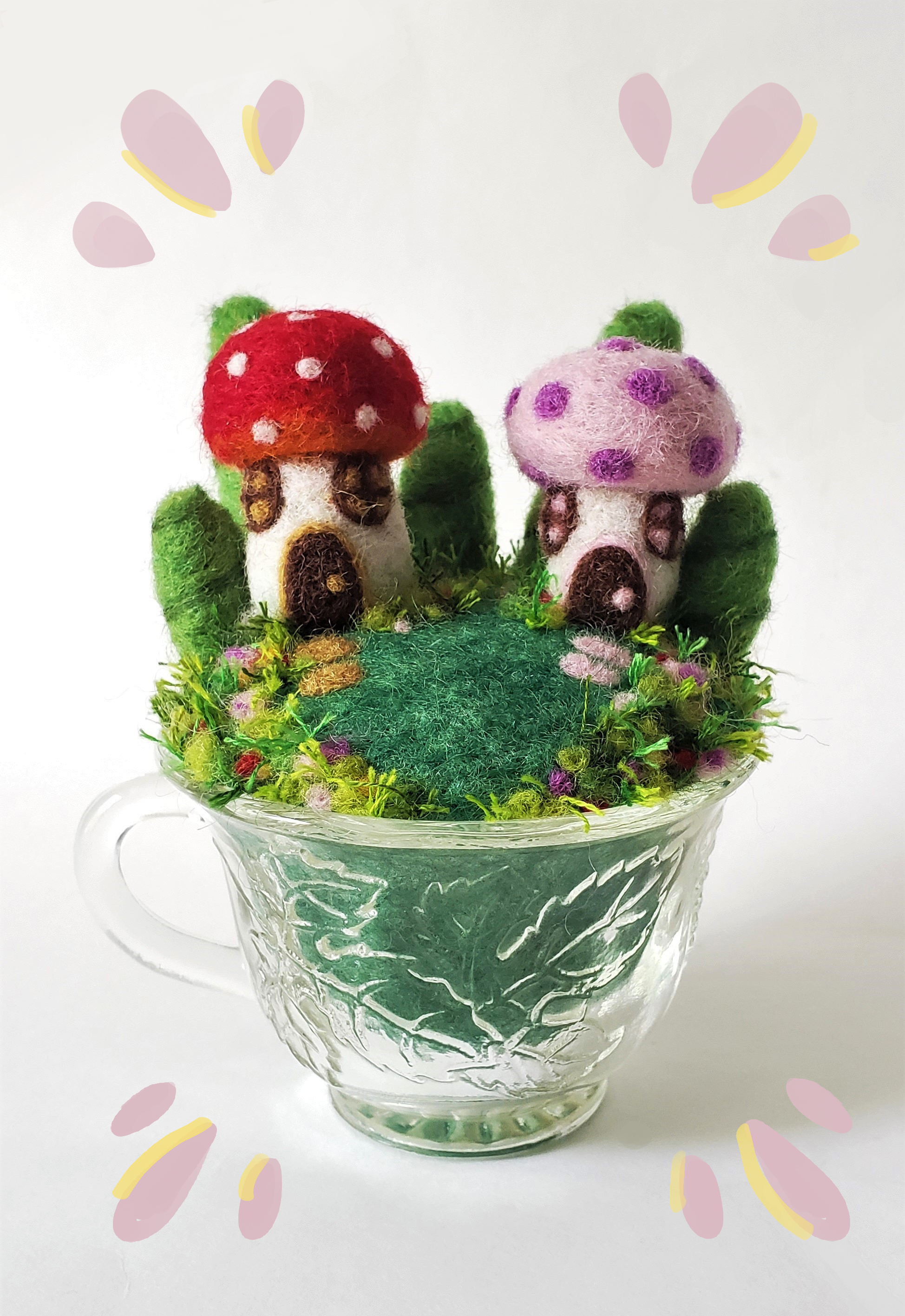 Image 2 - A small environment with mushroom houses felted within a glass teacup