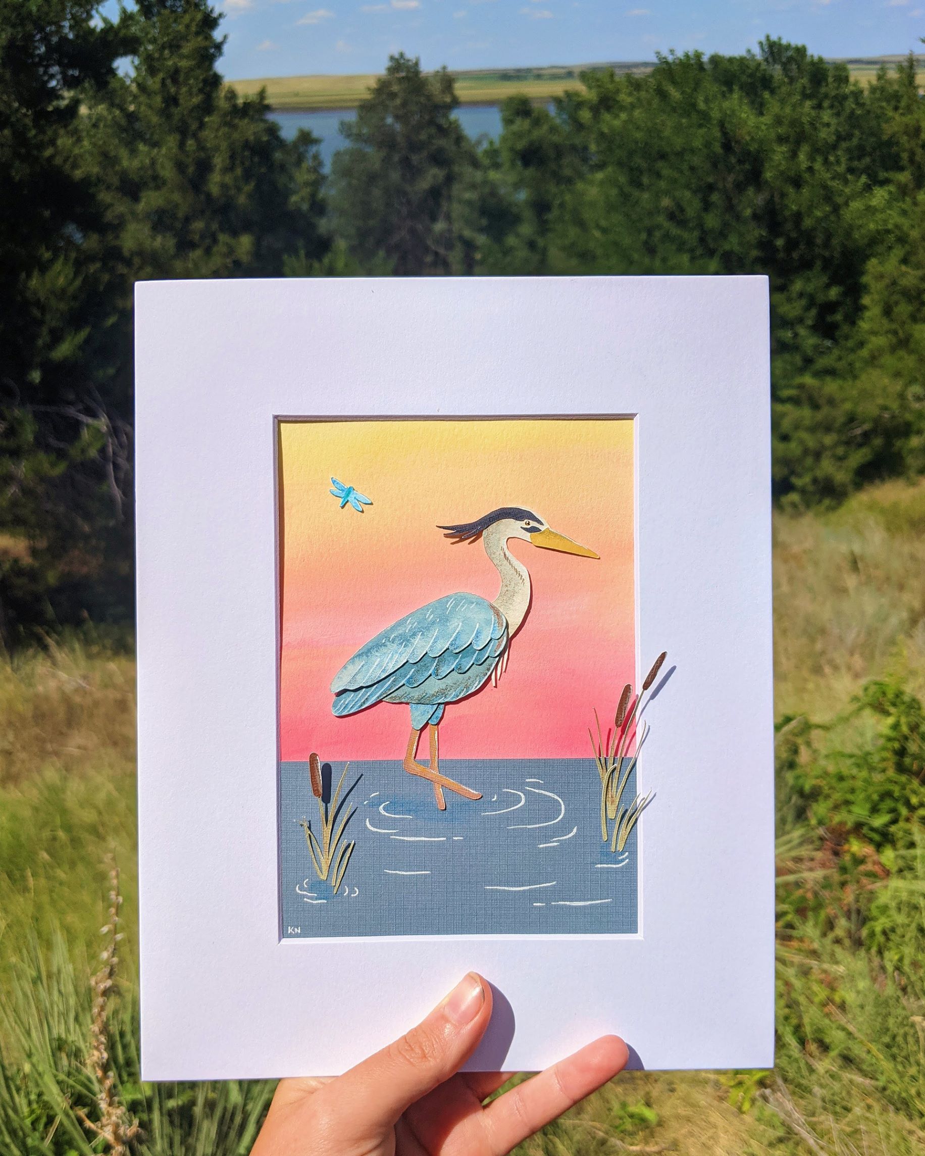 Blue heron cut paper art