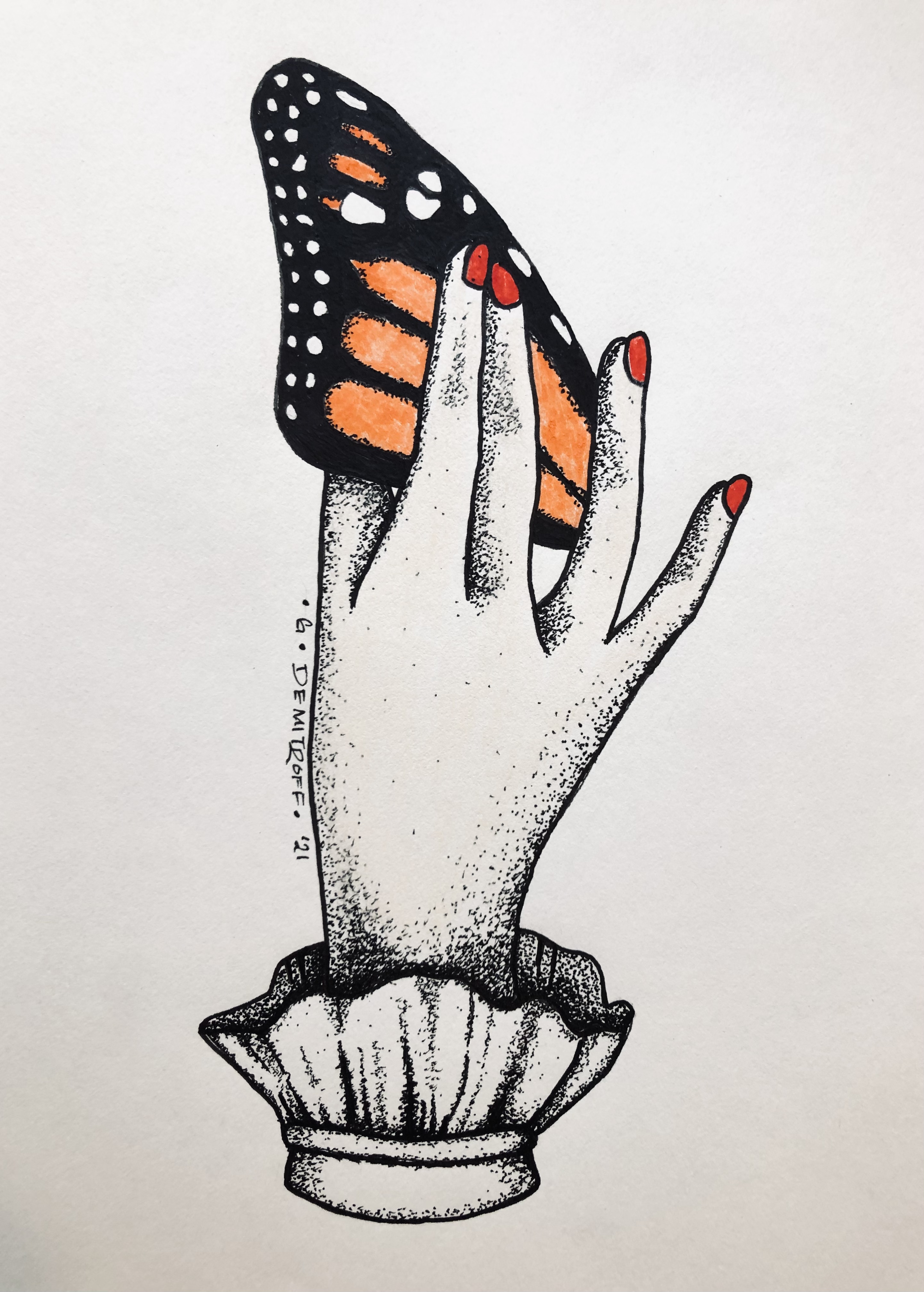 Ink drawing of a hand holding a monarch butterfly