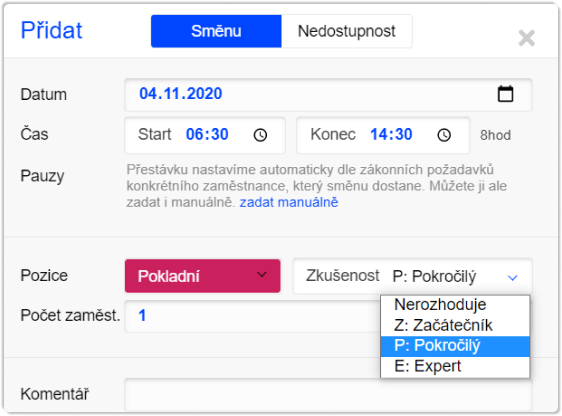 požadovaná zkušenost na směně