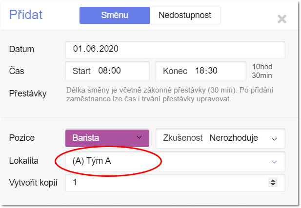 vytvoření směn pro konkrétní tým