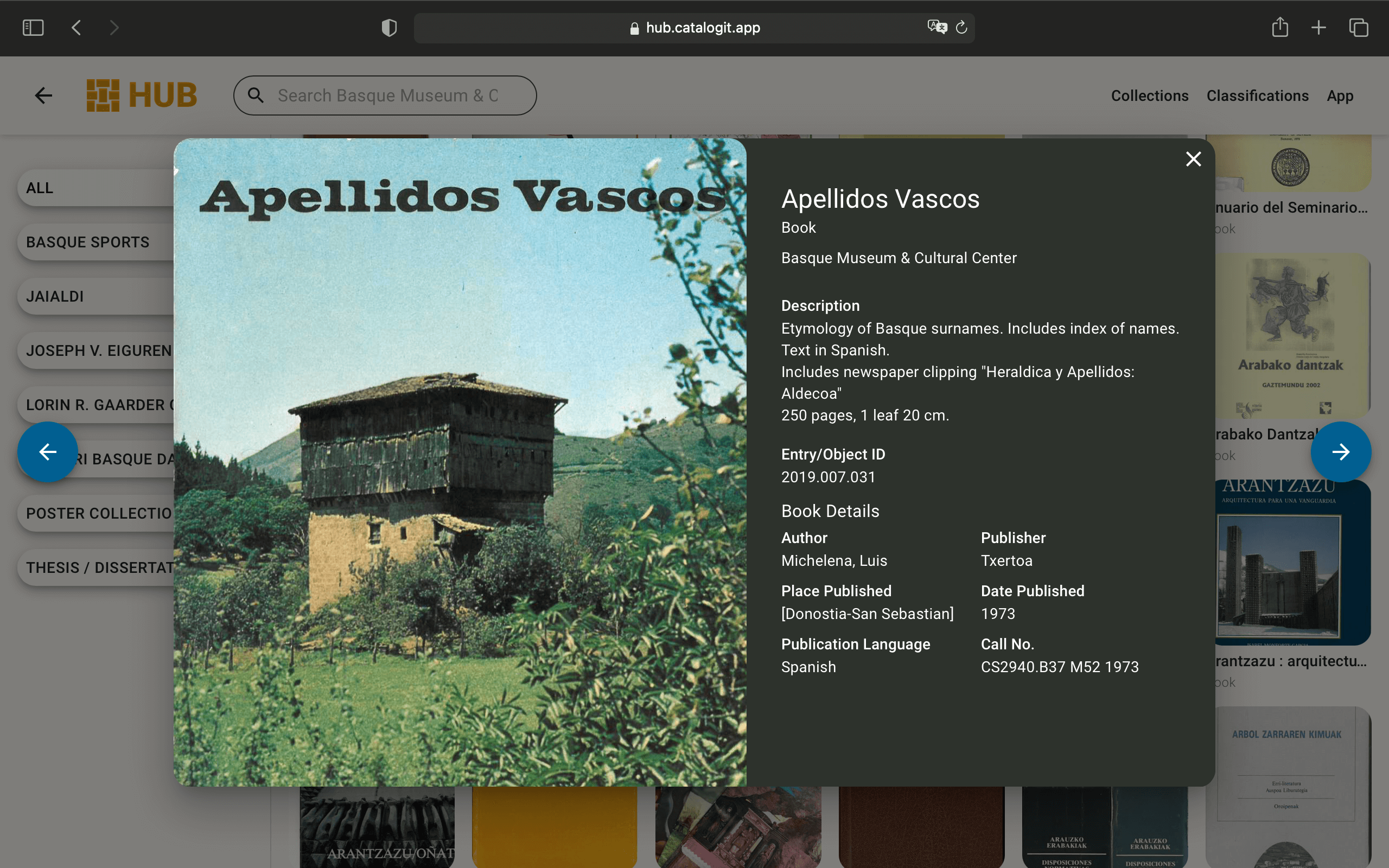 A screenshot of the Basque Museum and Cultural Society's HUB page.