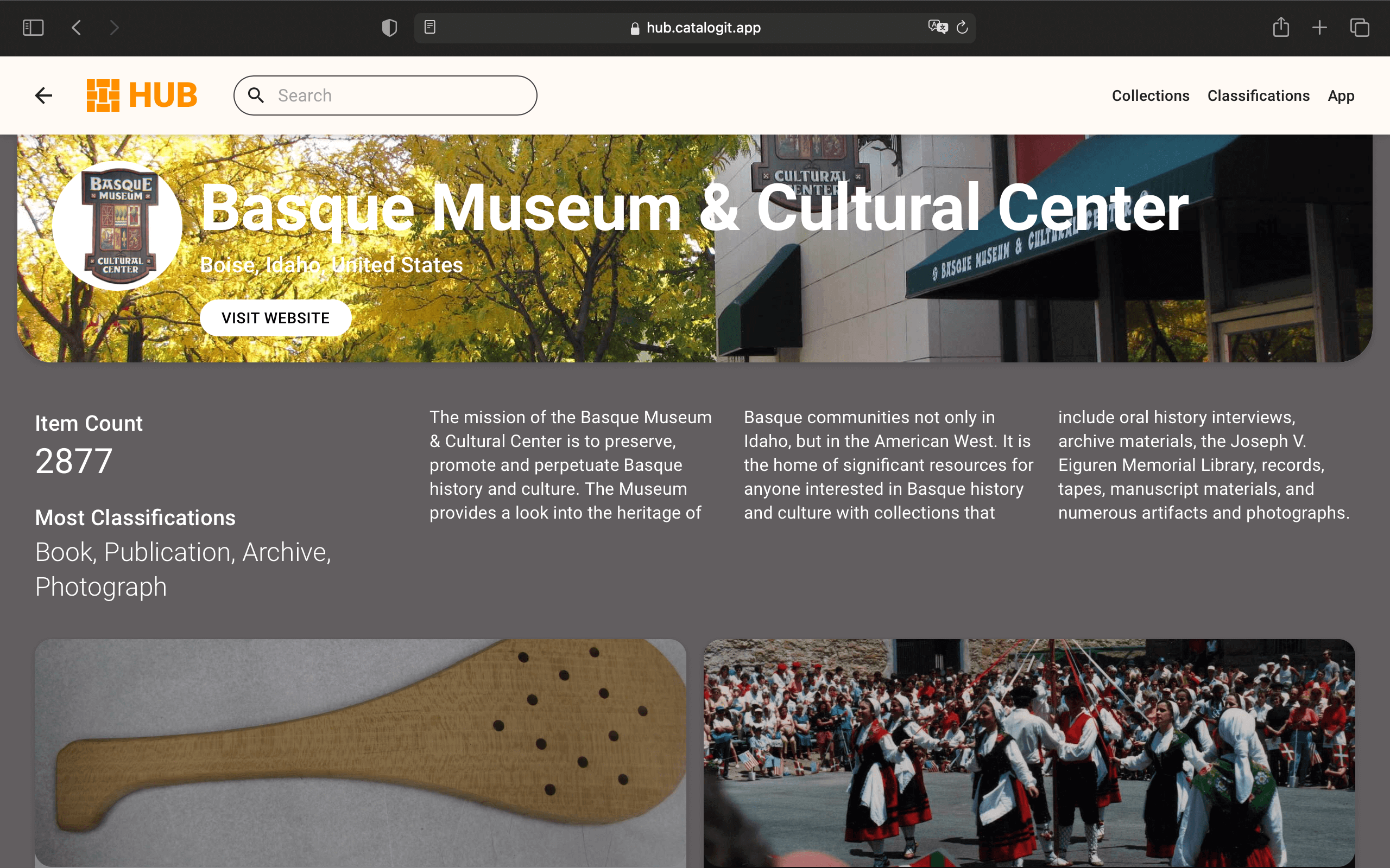 A screenshot of the Basque Museum and Cultural Society's HUB page.