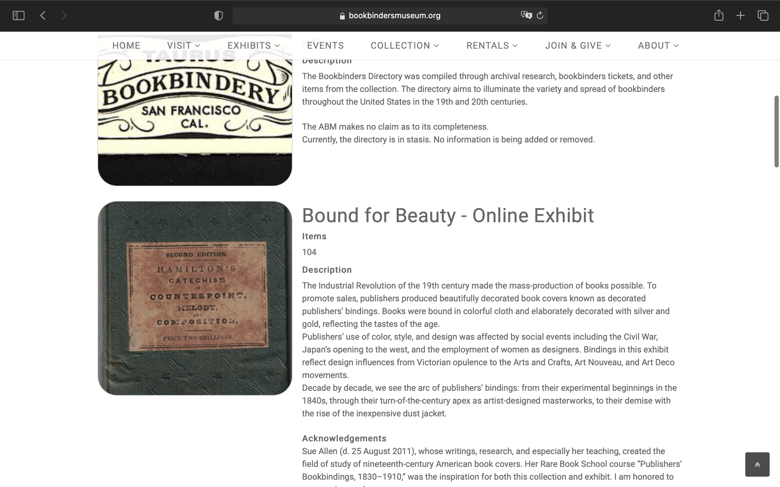 A screenshot of the American Bookbinders Museum HUB page.