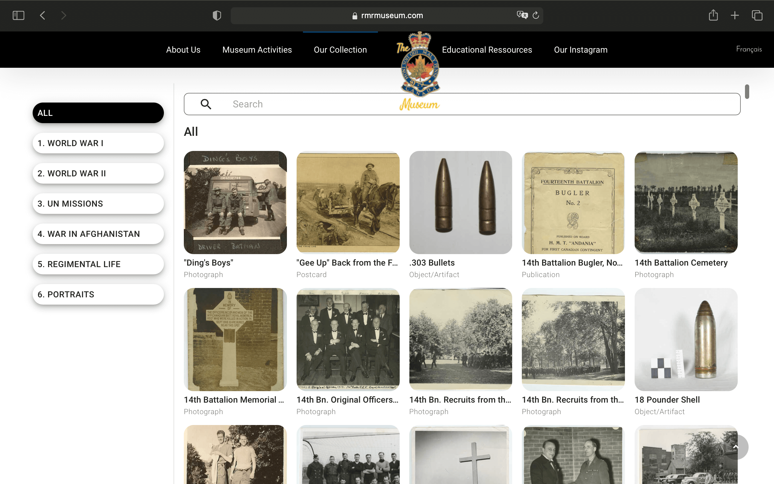A screenshot of The Royal Montreal Regiment Museum's implementation of CatalogIt's WordPress plugins.
