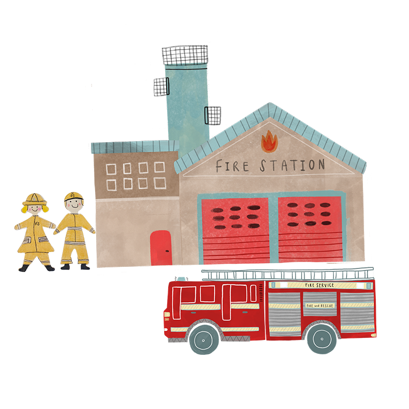 A hand drawn illustration of a male and female firefighter stood next to the fire station.