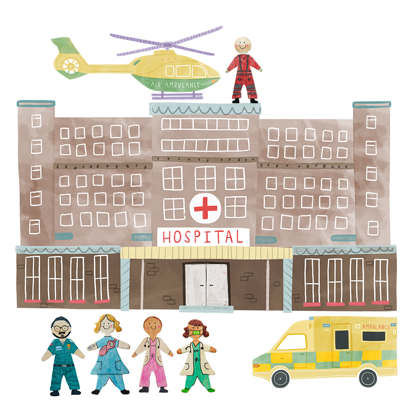 A hand drawn illustration of a Hospital building with NHS staff lined up outside.