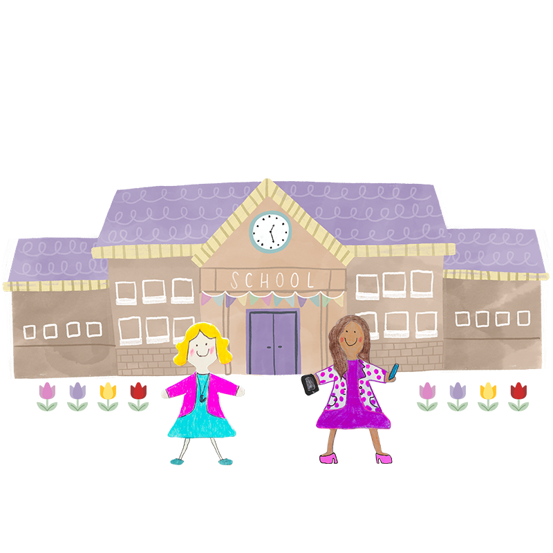 A hand drawn illustration of two teachers in front of a school with a purple roof.