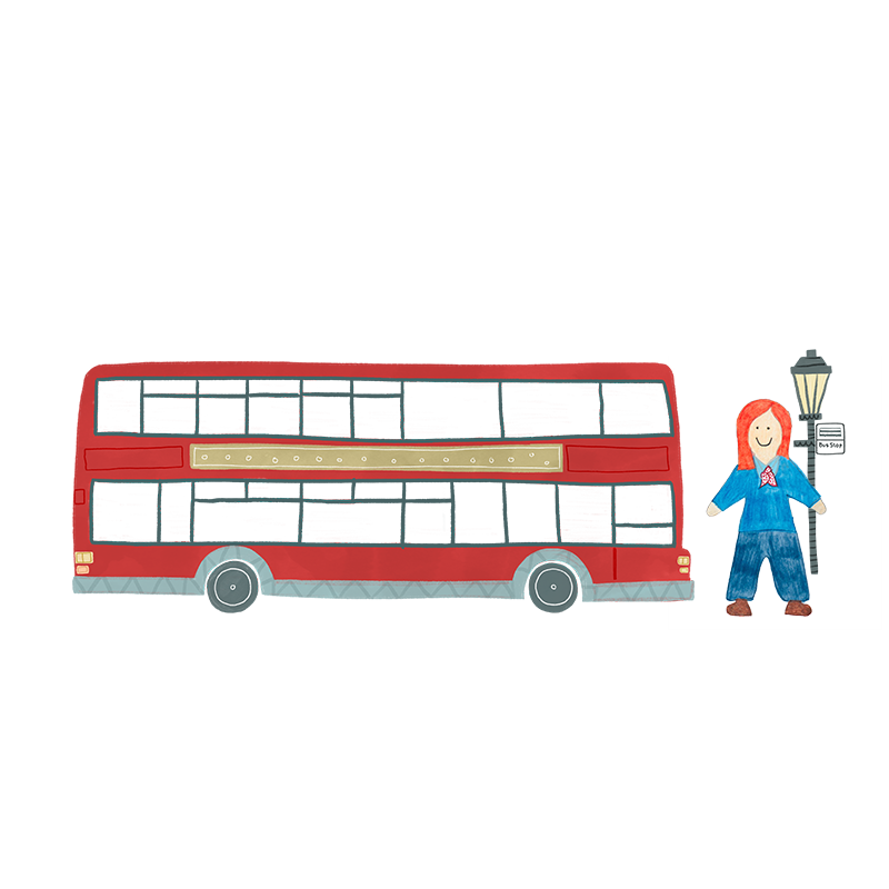 A hand drawn illustration of a female bus driver stood next to her red double decker bus.
