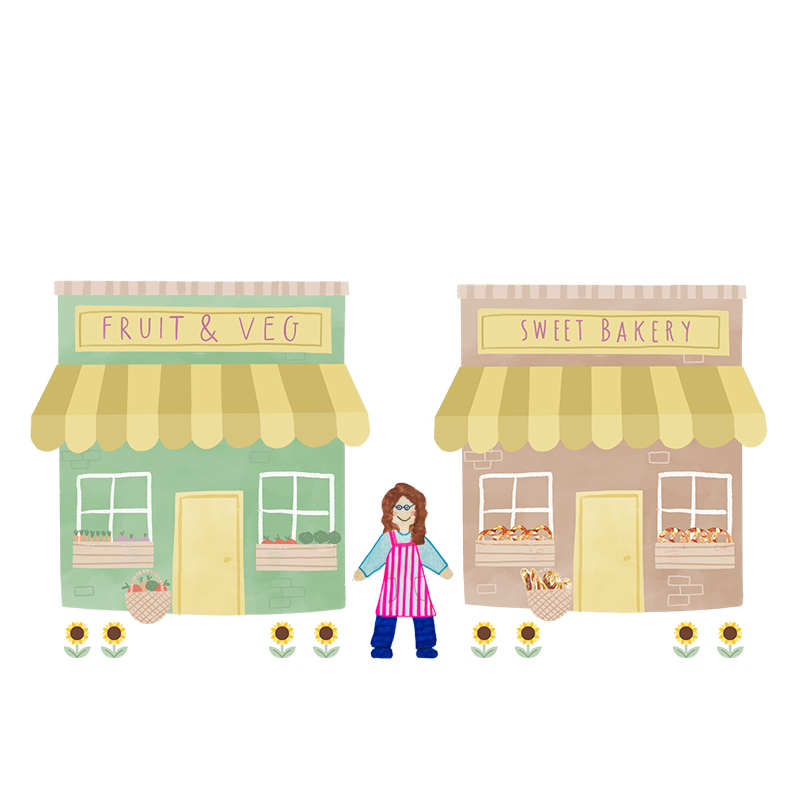 A hand drawn illustration of a female shopkeeper between fruit and veg shop and a bakery.