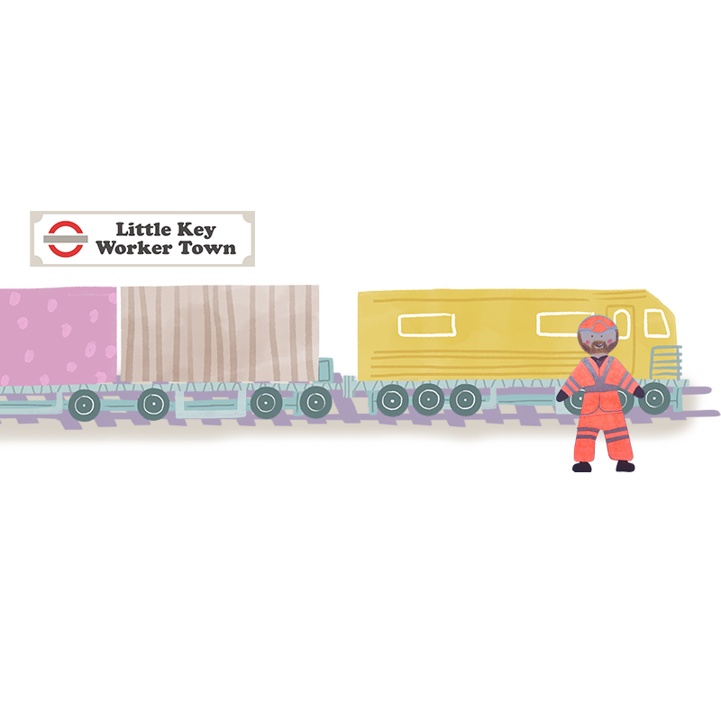 A hand drawn illustration of a train with yellow, brown and pink carriages.