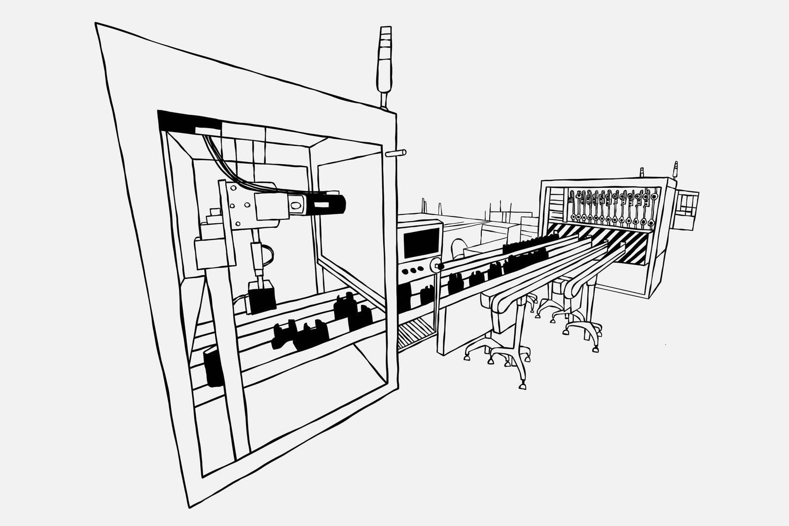 A sketch of Proses automation machine that includes the 60 ingredient dispensers used in the brands custom production...