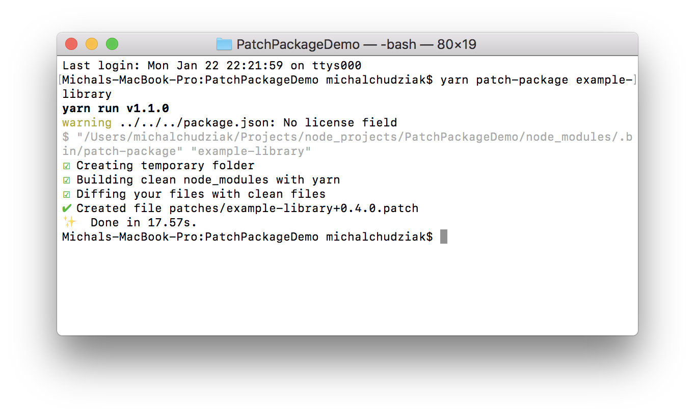 screenshot of patch-package script