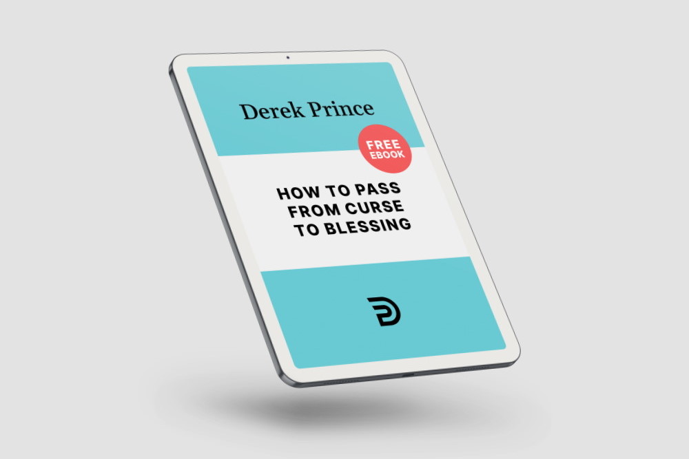 An iPad displaying a free Derek Prince eBook titled How To Pass From Curse To Blessing