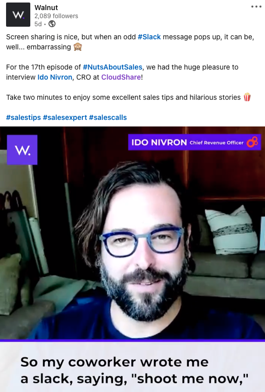 Screenshot of Linkedin post with headshot of Ido Nivron CRO at Cloudshare.