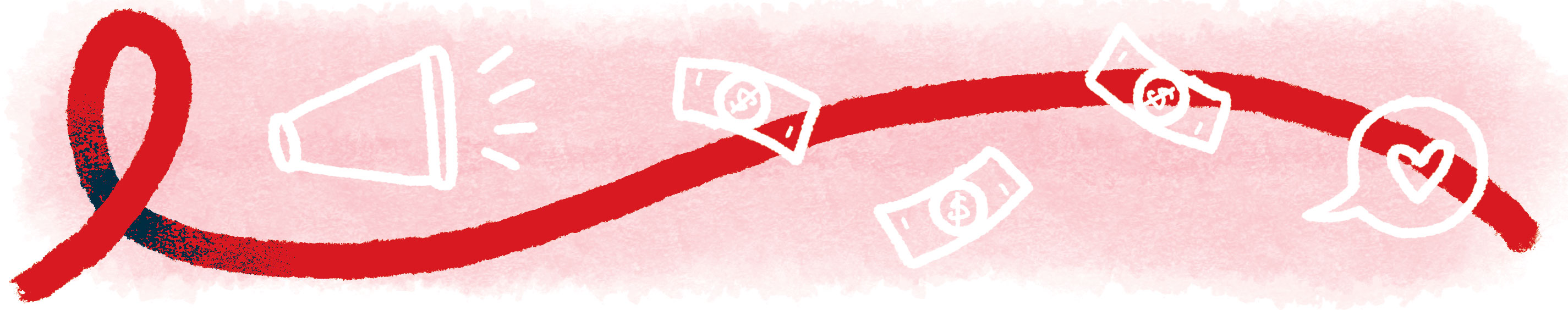 HIV AIDS ribbon with megaphone, money, and social media engagement