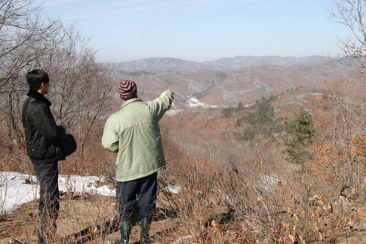 Two people look out over a hilly region