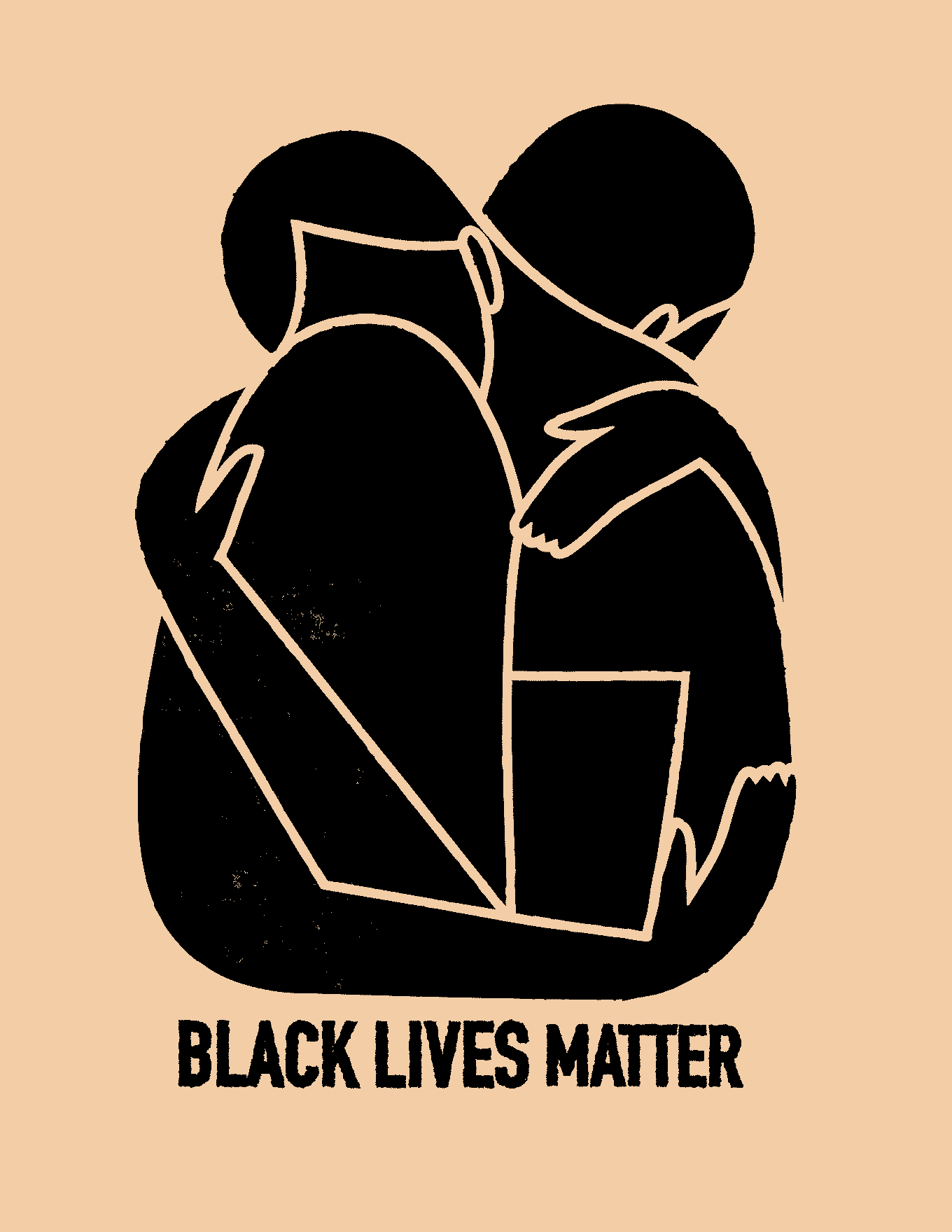 Two people embrace in a hug with the words Black Lives Matter