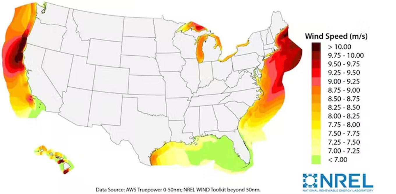 A map of the wind speed in the USA