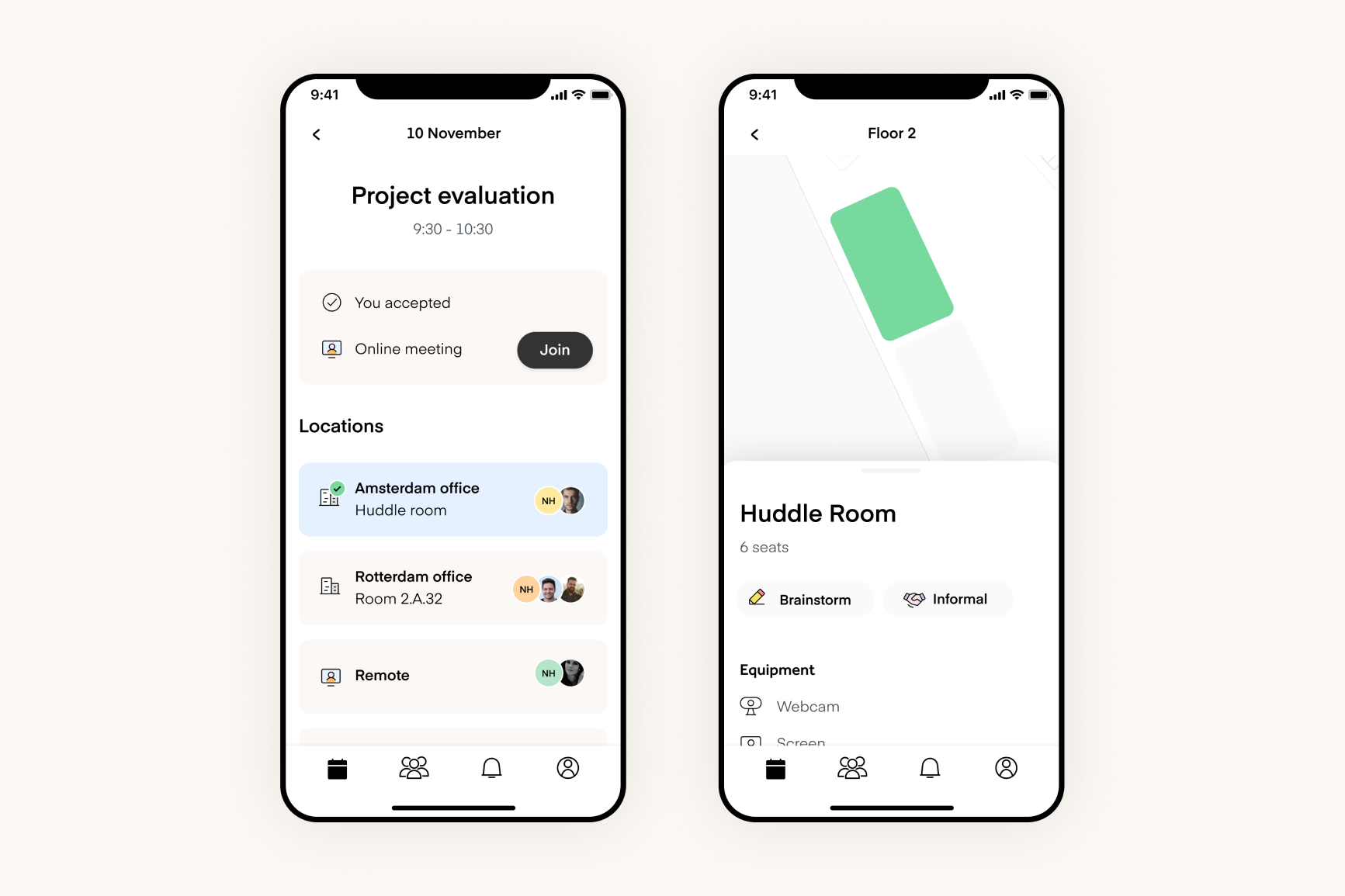 Two screenshots of Mapiq's hybrid meeting solution showing meeting details, like participants location and room capabilities.