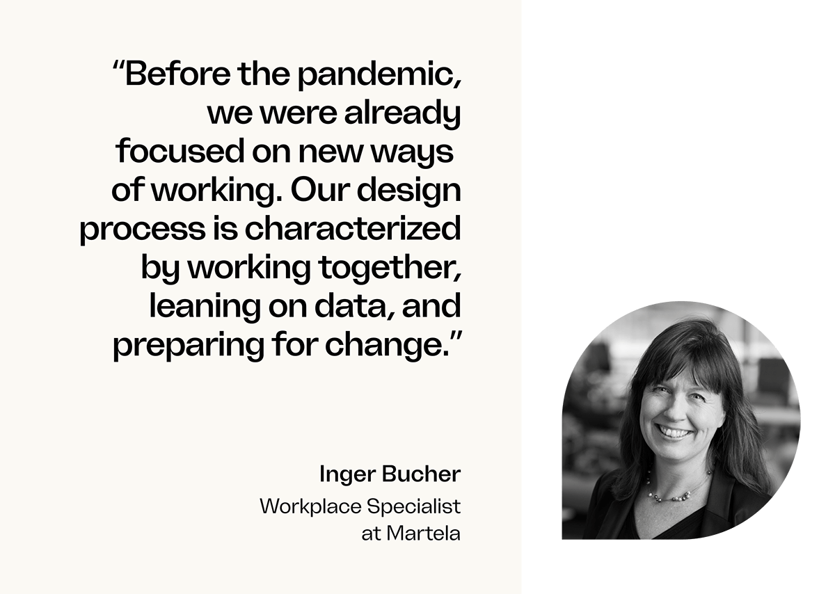 Image with quote and picture of Inger Bucher, Workplace specialist at Martela. "Before the pandemic, we were already focused on new ways of working. Our design process is characterized by working together, leaning on data, and preparing for change."