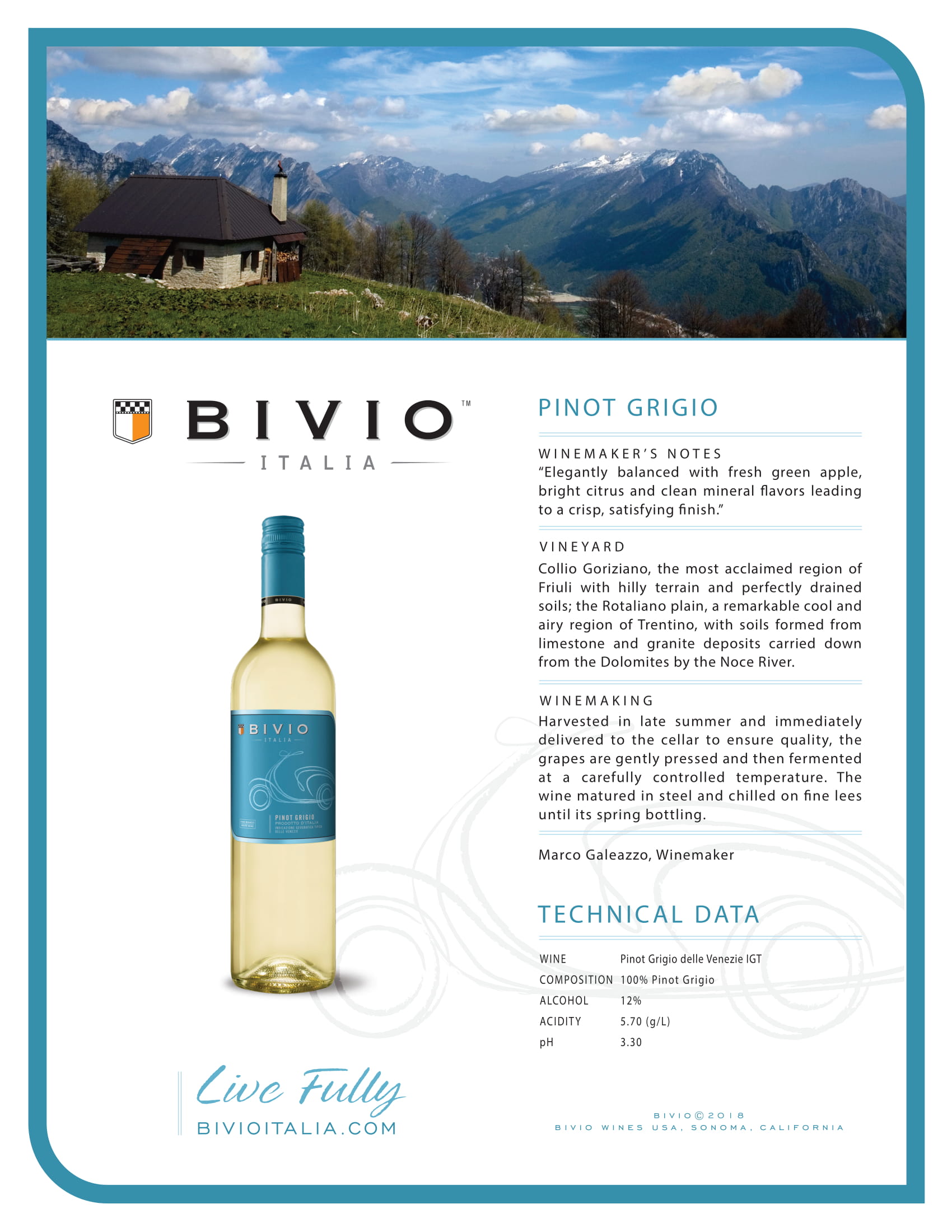 Bivio wine Pinot Grigio tech sheet sample