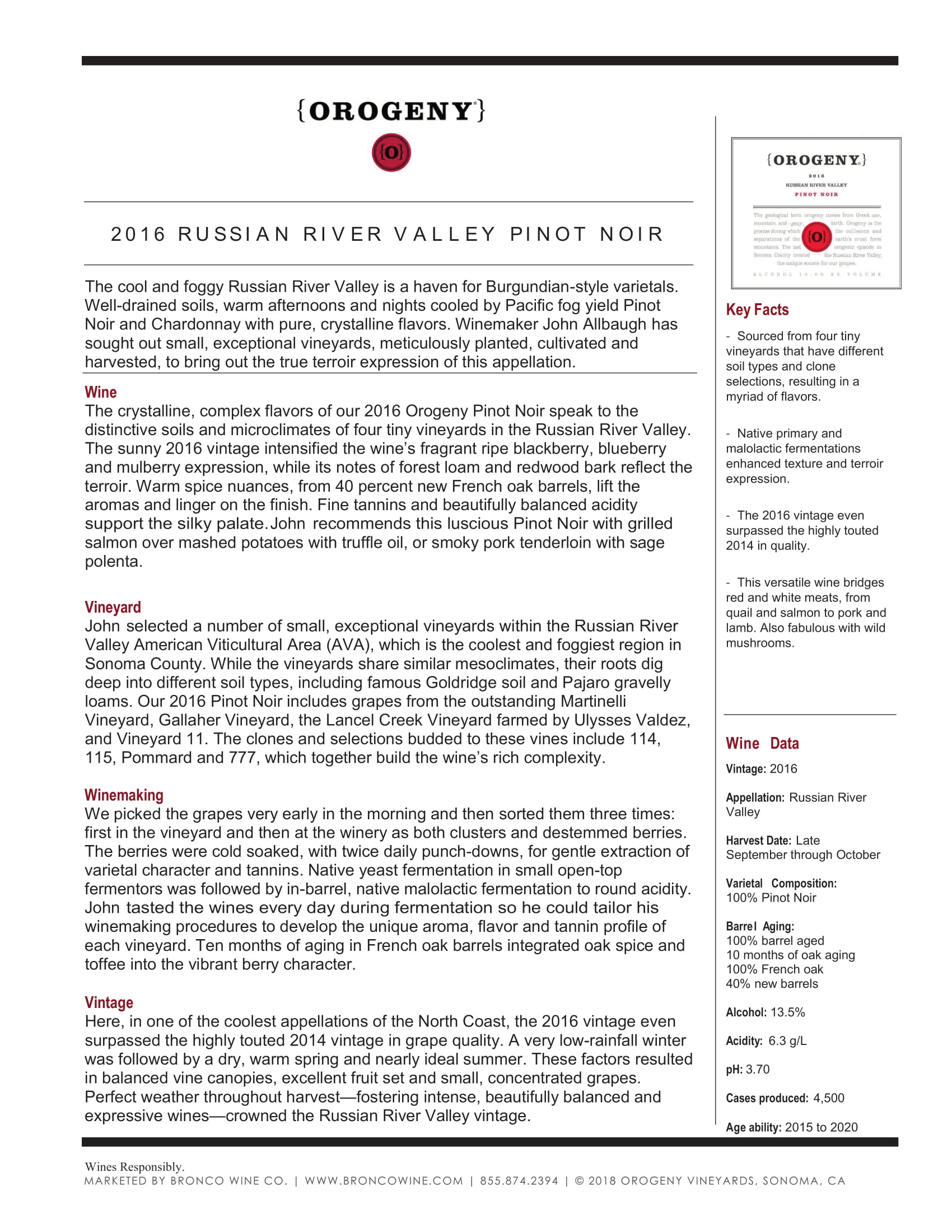 Orogeny Pinot Noir wine tech sheet sample
