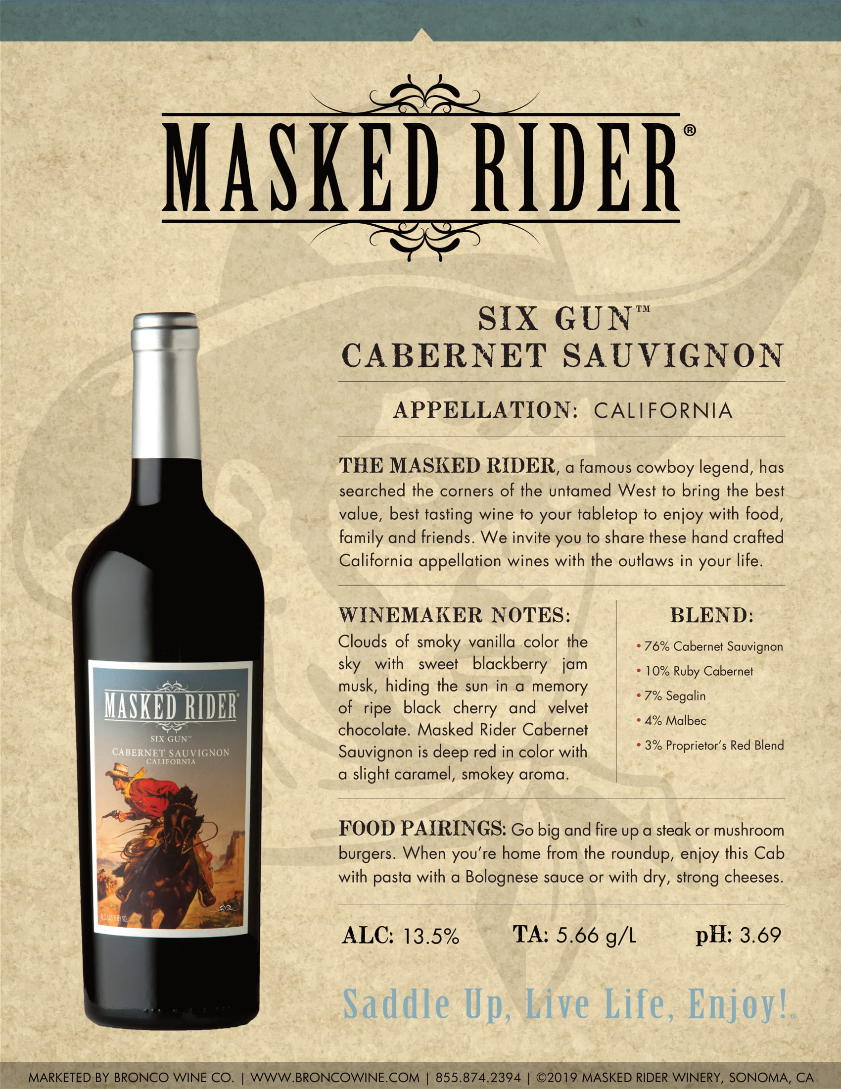 Masked Rider Six Gun Cabernet Sauvignon tech sheet sample
