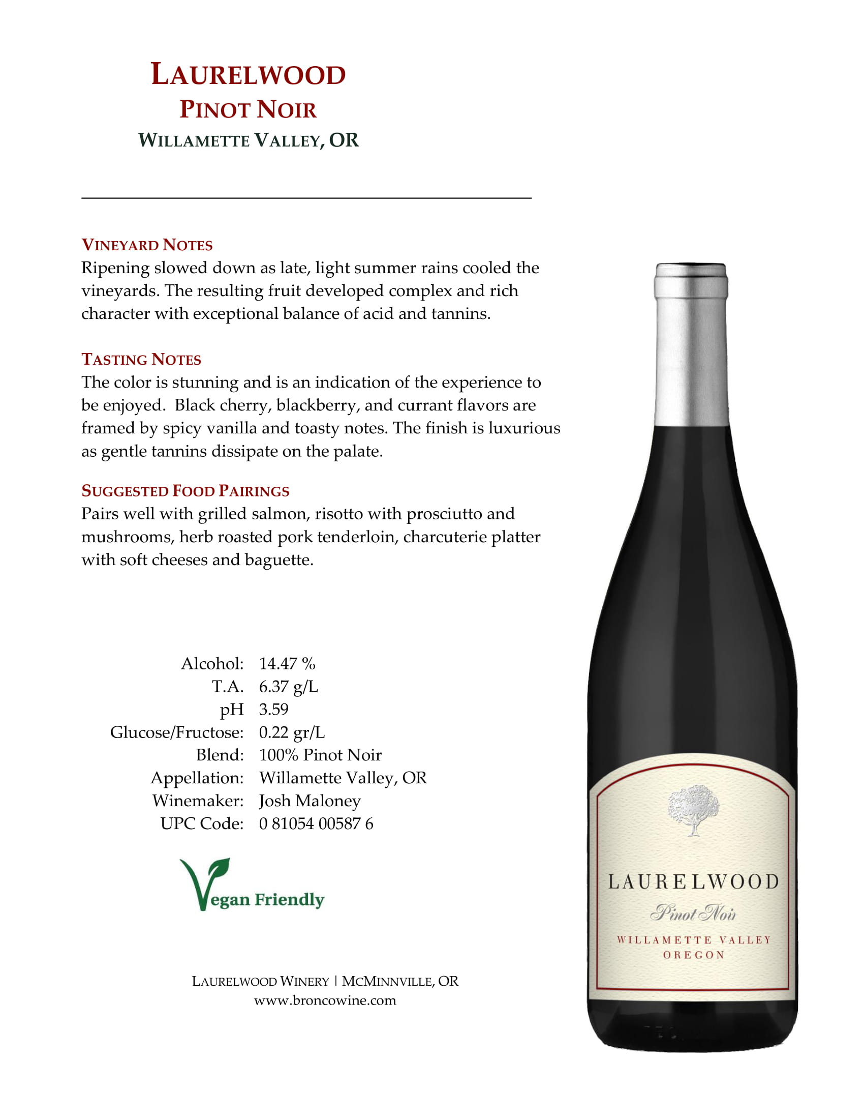 Laurelwood Pinot Noir tech sheet sample