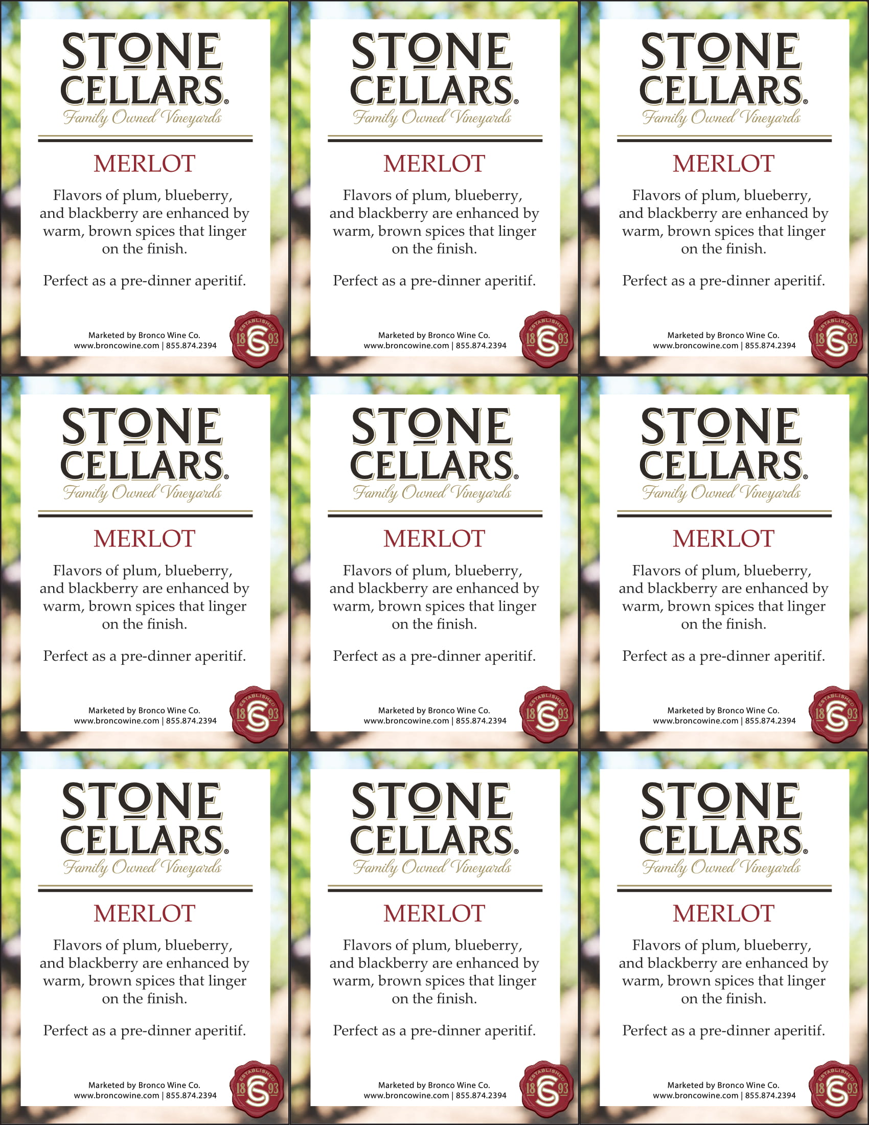 Stone Cellars Merlot wine shelf talker sample