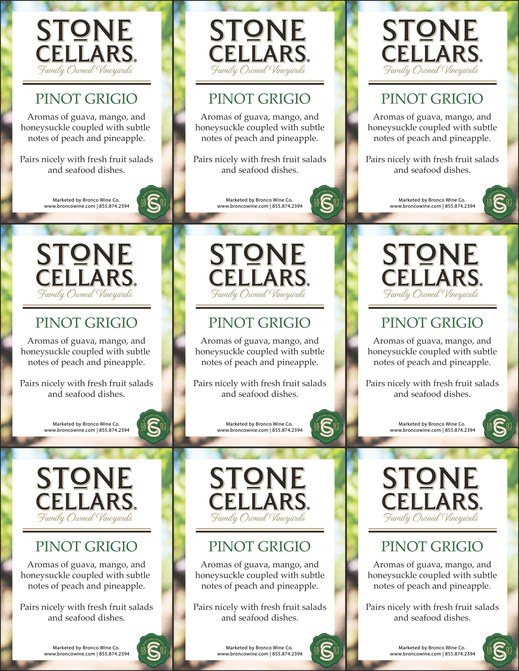 Stone Cellars Pinot Grigio wine shelf talker sample