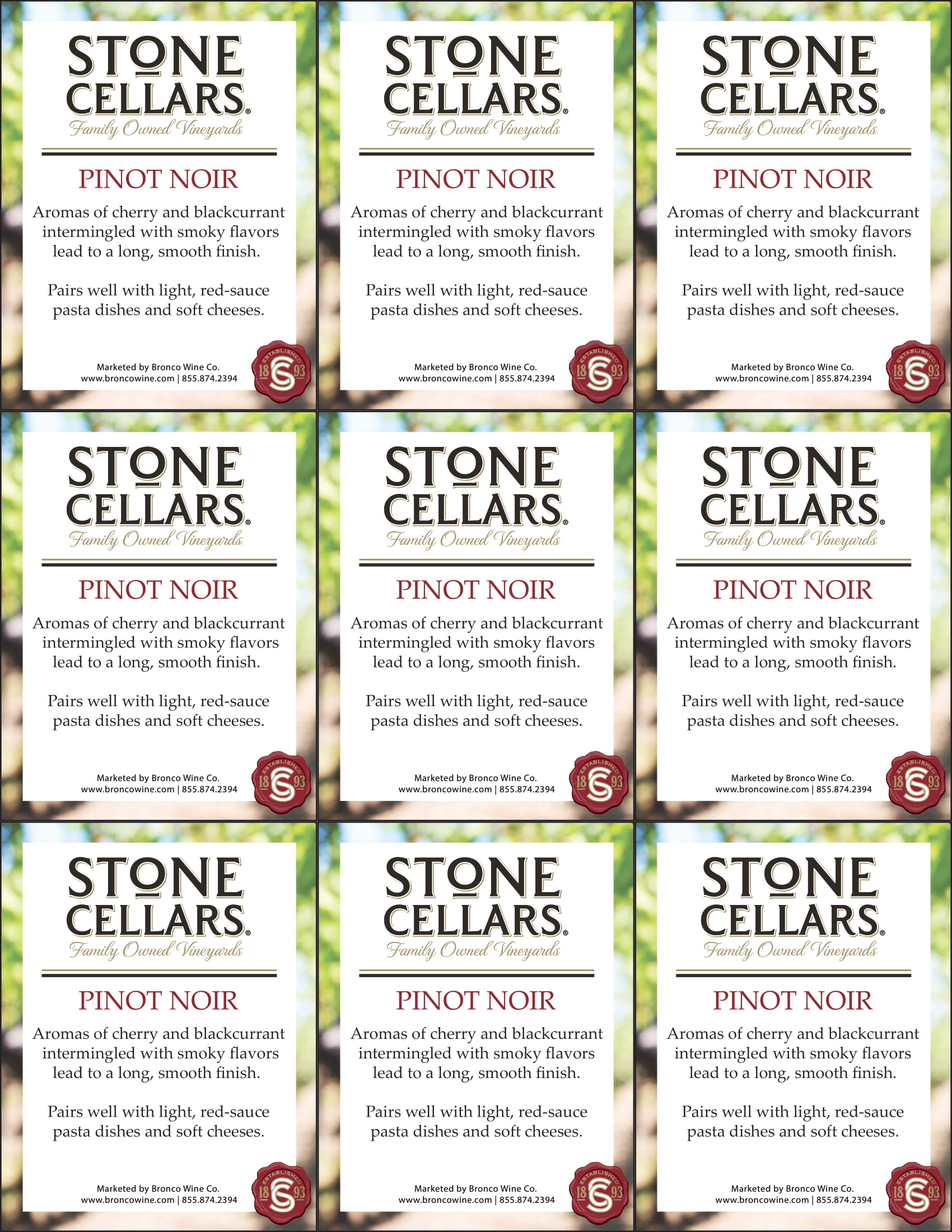 Stone Cellars Pinot Noir wine shelf talker sample