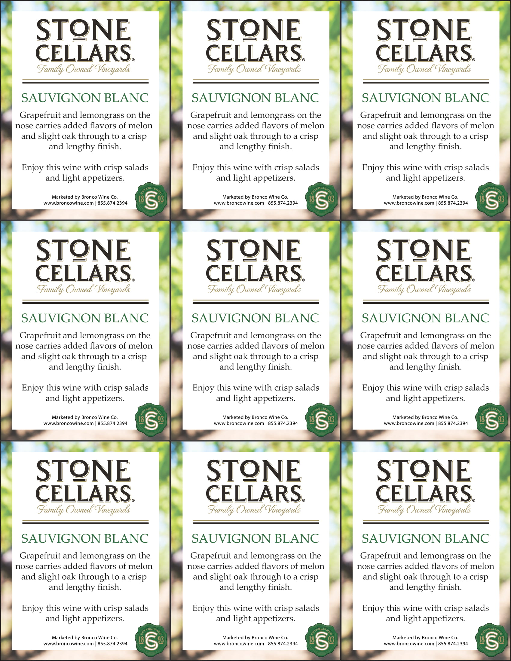 Stone Cellars Sauvignon Blanc wine shelf talker sample