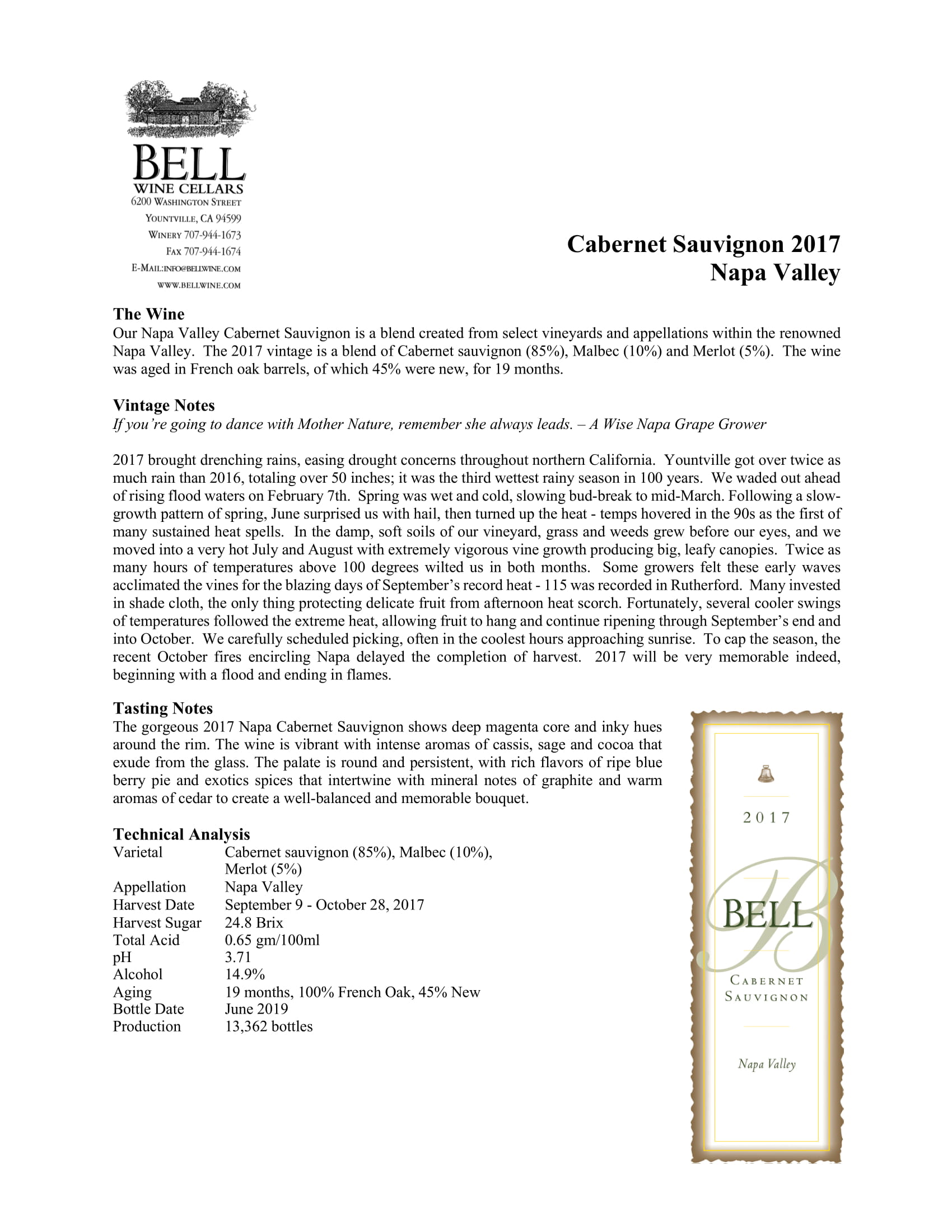 Bell Wine Cellars wine brand Cabernet Sauvignon bottle front view