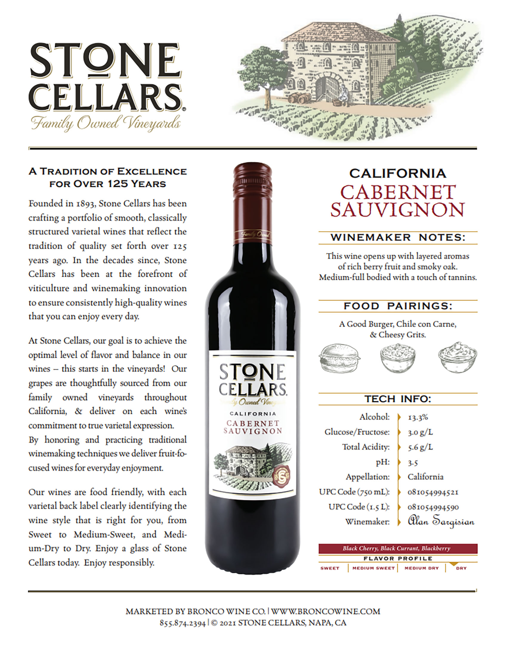 Stone Cellars Cabernet Sauvignon red wine tech sheet sample