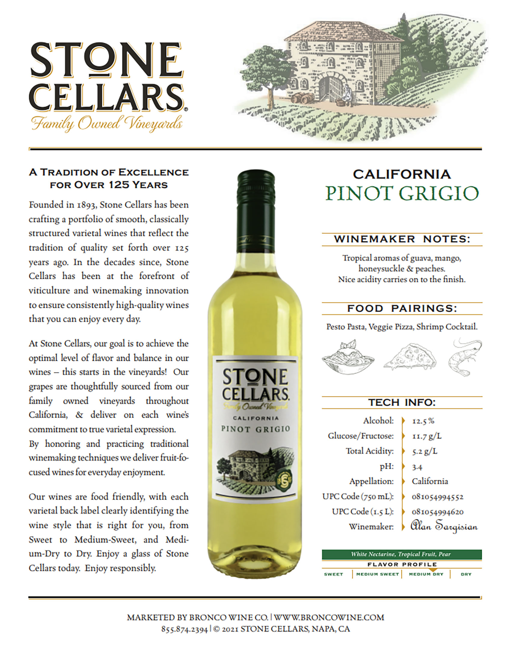 Stone Cellars Pinot Grigio wine tech sheet sample