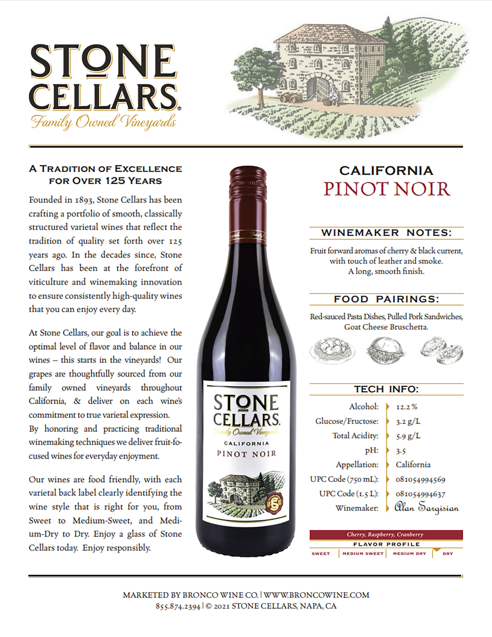 Stone Cellars Pinot Noir wine tech sheet sample